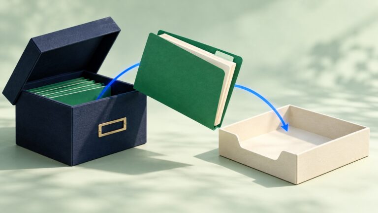 Eine grüne Manuskriptmappe wird von einer dunkelblauen Archivbox in eine separate helle Ablage übergeben.
