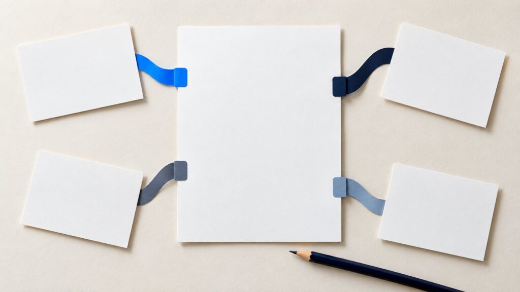 Vier leere Rückmeldekarten sind über blaue Bänder mit einem zentralen weißen Masterbogen verbunden; darunter liegt ein dunkelblauer Stift.
