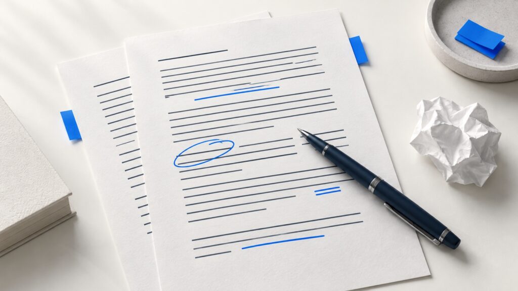 Papierseiten mit blauen Korrekturmarkierungen und dunkelblauem Stift.