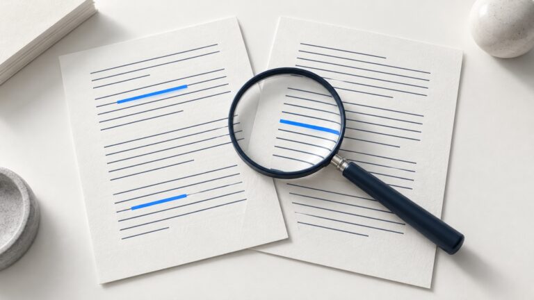 Eine Lupe über zwei Papierseiten mit blau markierten Textlinien.