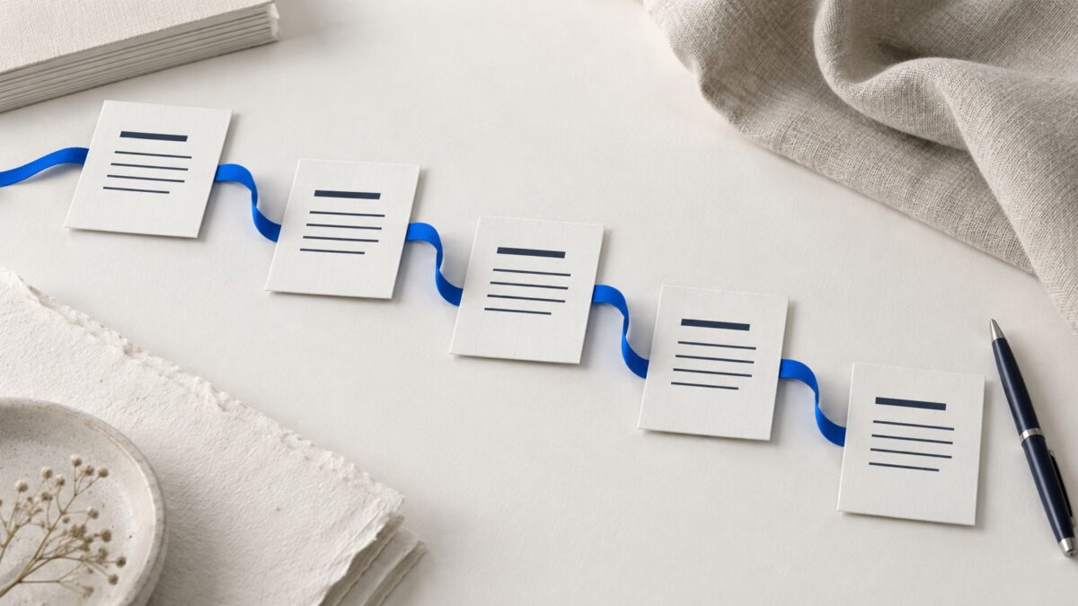 Fünf Textkarten sind mit einem blauen Band verbunden; daneben liegt ein dunkelblauer Stift.