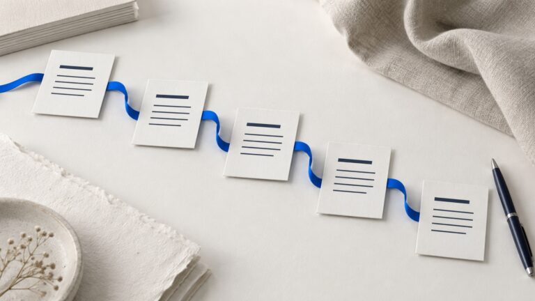 Fünf Textkarten sind mit einem blauen Band verbunden; daneben liegt ein dunkelblauer Stift.