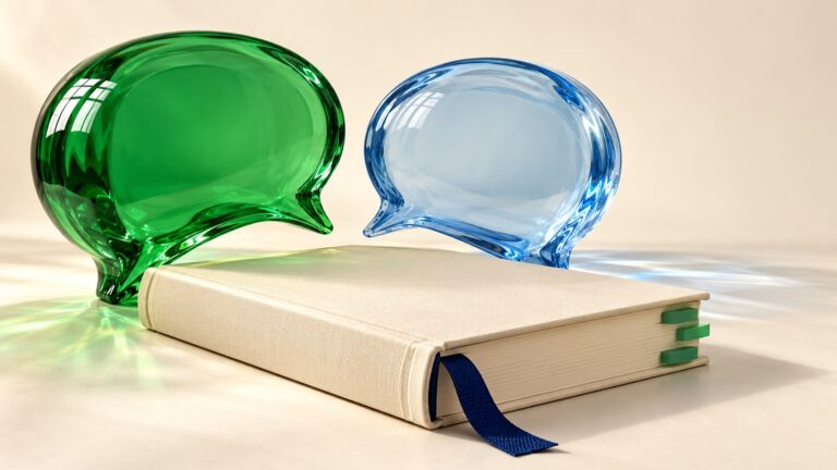 Grüne und blaue Glas-Sprechblasen über einem geschlossenen Fachbuch mit grünen Registern als Symbol für die Fachübersetzung.