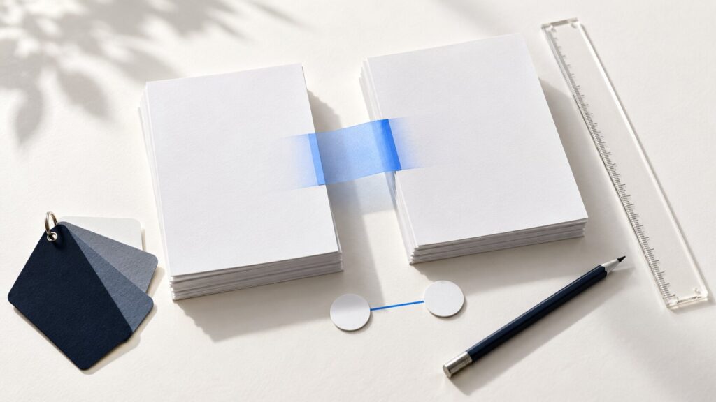 Zwei Stapel leerer Fachtextseiten sind durch ein blaues Band verbunden; daneben liegen blanke Terminologiekarten, zwei verbundene Markierungen, Lineal und Stift.