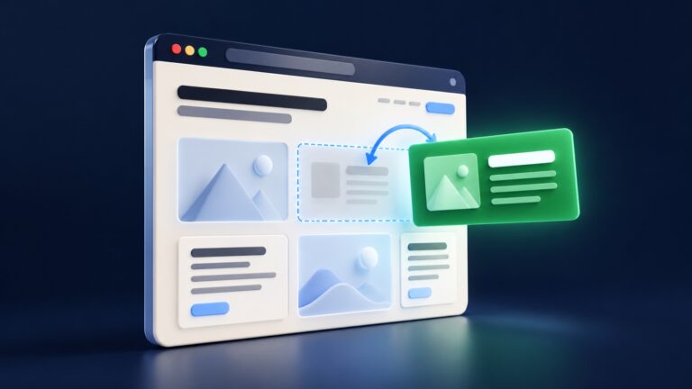 Dreidimensionales Browserfenster mit einem grünen Inhaltsmodul, das einen veralteten Bereich ersetzt.