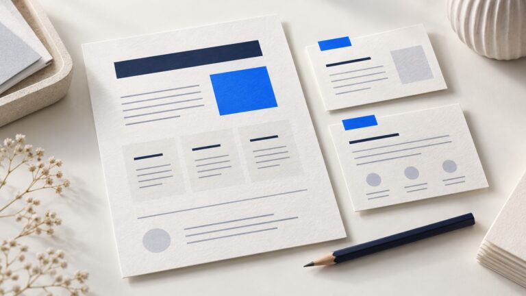 Papierkarten zeigen den klaren Aufbau einer Webseite mit blauen Akzenten.
