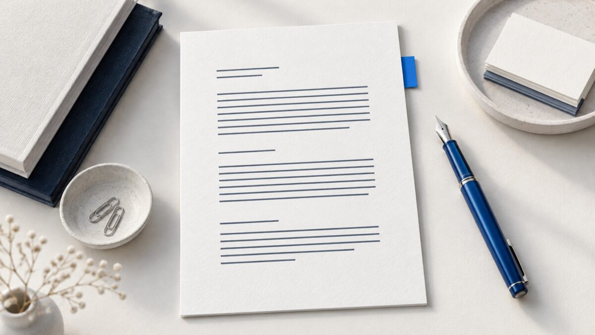 Aufgeräumte Textseite mit klaren Absatzlinien und einem blauen Stift.