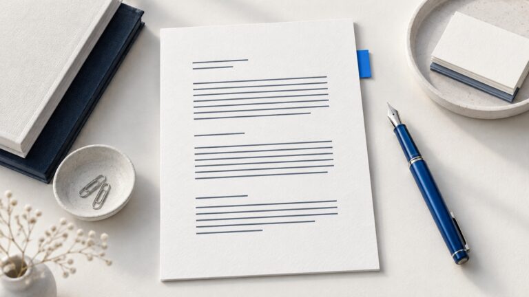 Aufgeräumte Textseite mit klaren Absatzlinien und einem blauen Stift.